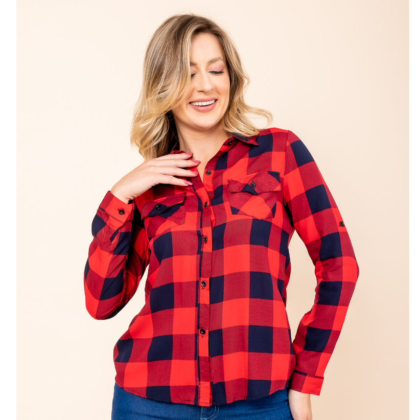 Camisa Feminina Xadrez Manga Longa com Botões e Bolso Frontal Viscose Blusa Flanelada Quad...