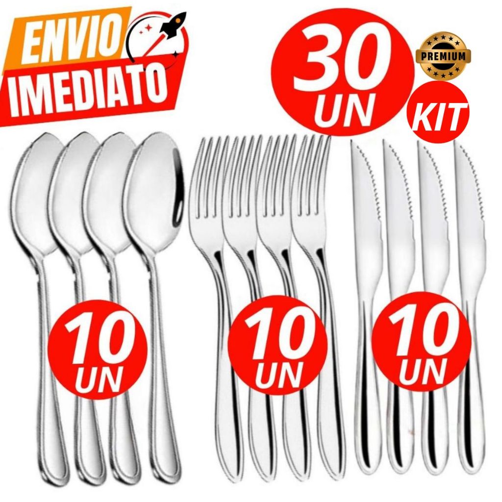 Kit 30 Talheres 100% Inox 10 Garfo 10 Faca 10 Colher Premium Casa Cozinha Buffet Restaurante Banquete Qualidade