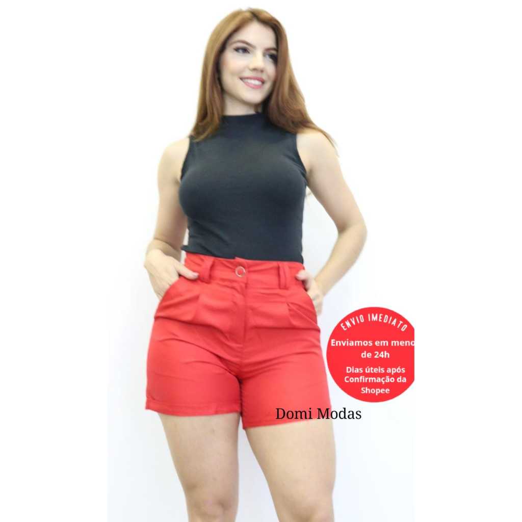 Domi Modas Shorts Feminino Luis Twill Barra Italiana Cintura Alta com Elástico Elegante LT183 em Oferta na Shopee