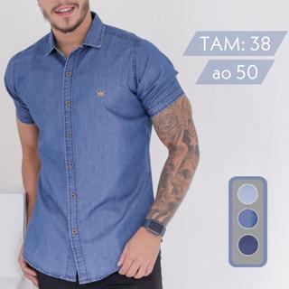 Camisa Jeans Masculina Slim Fit Manga Curta Social Algodão Botões Premium em Oferta na Shopee