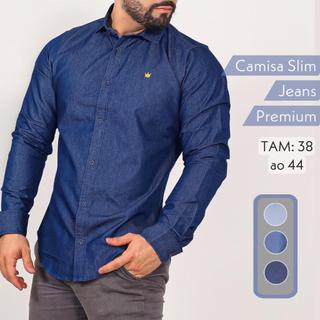 Camisa Social Masculina Jeans Manga Longa Slim 100% Algodão Elegante Botão Luxo