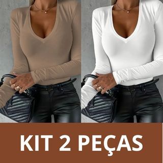 Kit 02 Blusa Feminina Malha Viscolycra Cacharrel Gola V Macia Estilosa Elegante Segunda Pele Térmica em Oferta na Shopee