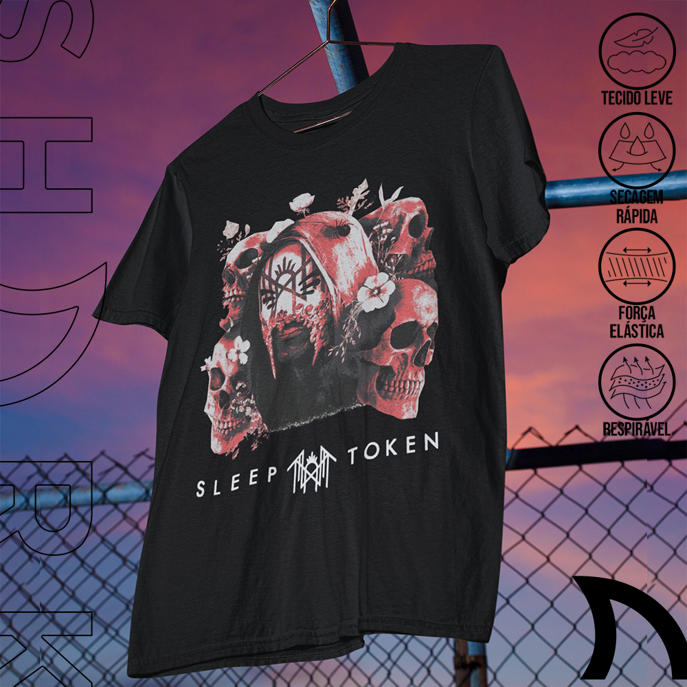 Camiseta Basica e OVERSIZED Sleep Token Take Me Back Skull Flowers Rock Unissex