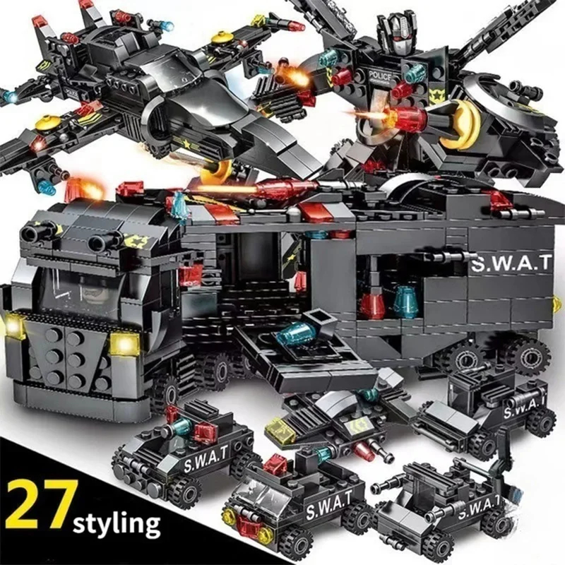 585 pçs 8in1 swat delegacia de polícia comando caminhão modelo blocos de construção helicóptero tijolos kit brinquedos..