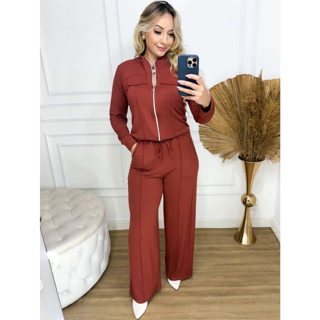 Conjunto Moletinho calça wide leg bolsos e blusa manga longa com zíper, feminino elegante inverno frio, casaco pantalona