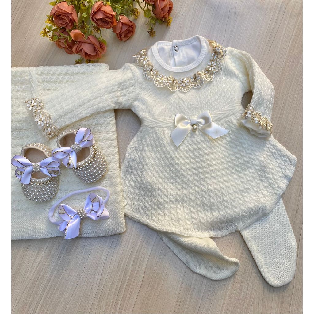Saída de maternidade de menina vestido canelado 6 peças tricot