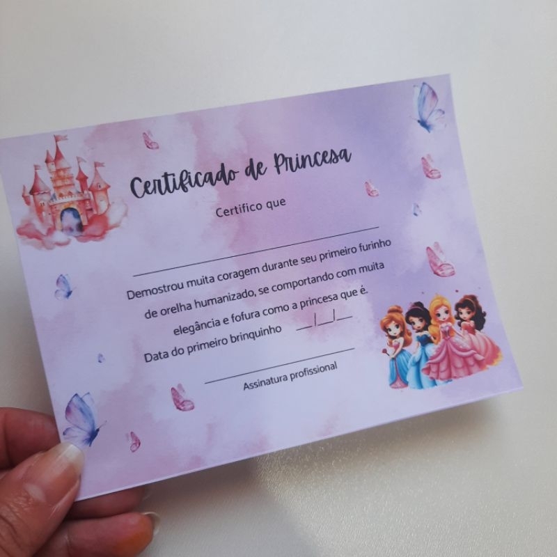 90 UND P Certificado de princesa SEM PERSONALIZAÇÃO de furinho humanizado, furo humanizado pós furo humanizado,piercer em Oferta na Shopee