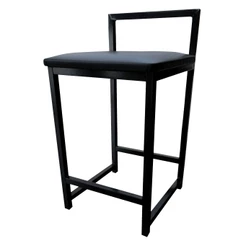 Banqueta Baixa Com Encosto Quadrada Estilo Industrial Cozinha Balcão Bar Preto Liso