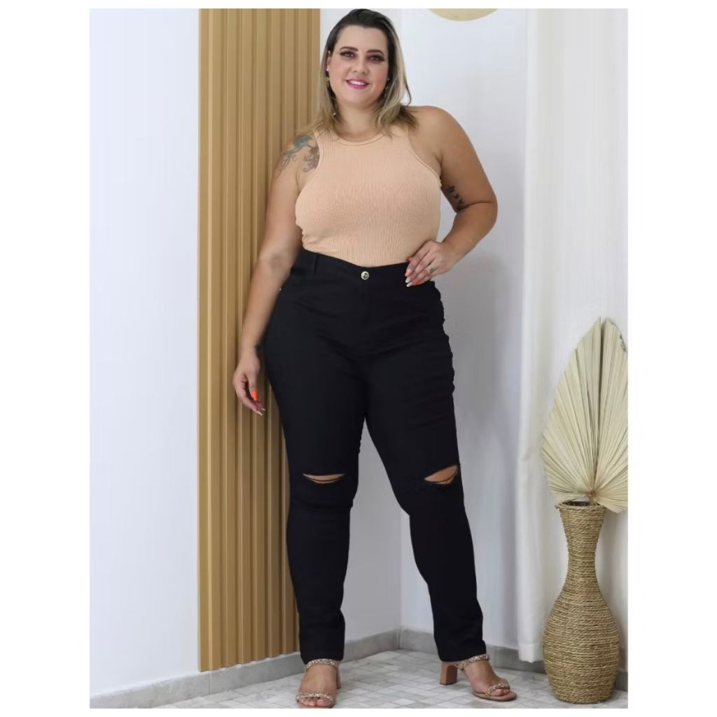 Calça JEANS  preto Plus Size rasgada no joelho, calça Feminina Linha Premium 46 ao 56! em Oferta na Shopee