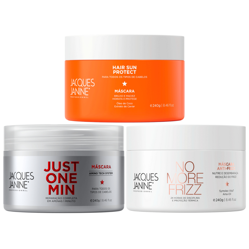 Kit Jacques Janine Trio Máscaras Cronograma Premium Reparação Termoativo Antifrizz 240g