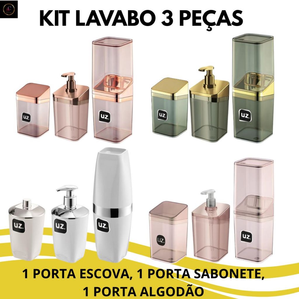 Kit Porta Escova + Porta Sabonete Liquido + Porta Algodão/Cotonetes UZ utilidades