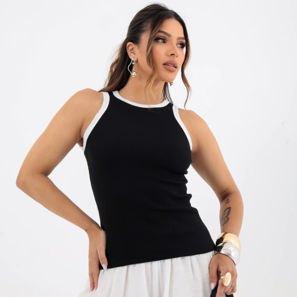 Blusa Regata Feminina Duas Colores Preta E Branca Básica Casual