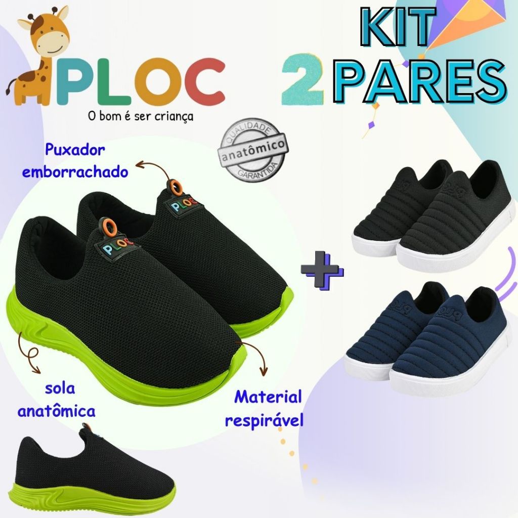 KIT 02 PARES TÊNIS INFANTIL: TÊNIS PLAY P26 COR A ESCOLHER + IATE MARINHO - PLOC ORIGINAL