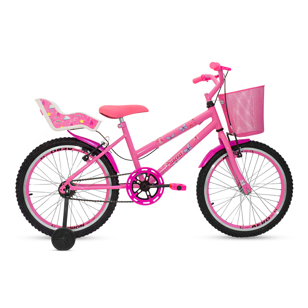 Bicicleta Infantil Feminina Aro 20 Aero Cadeirinha de Boneca Rodinhas Cestinha Para Menina Princesa
