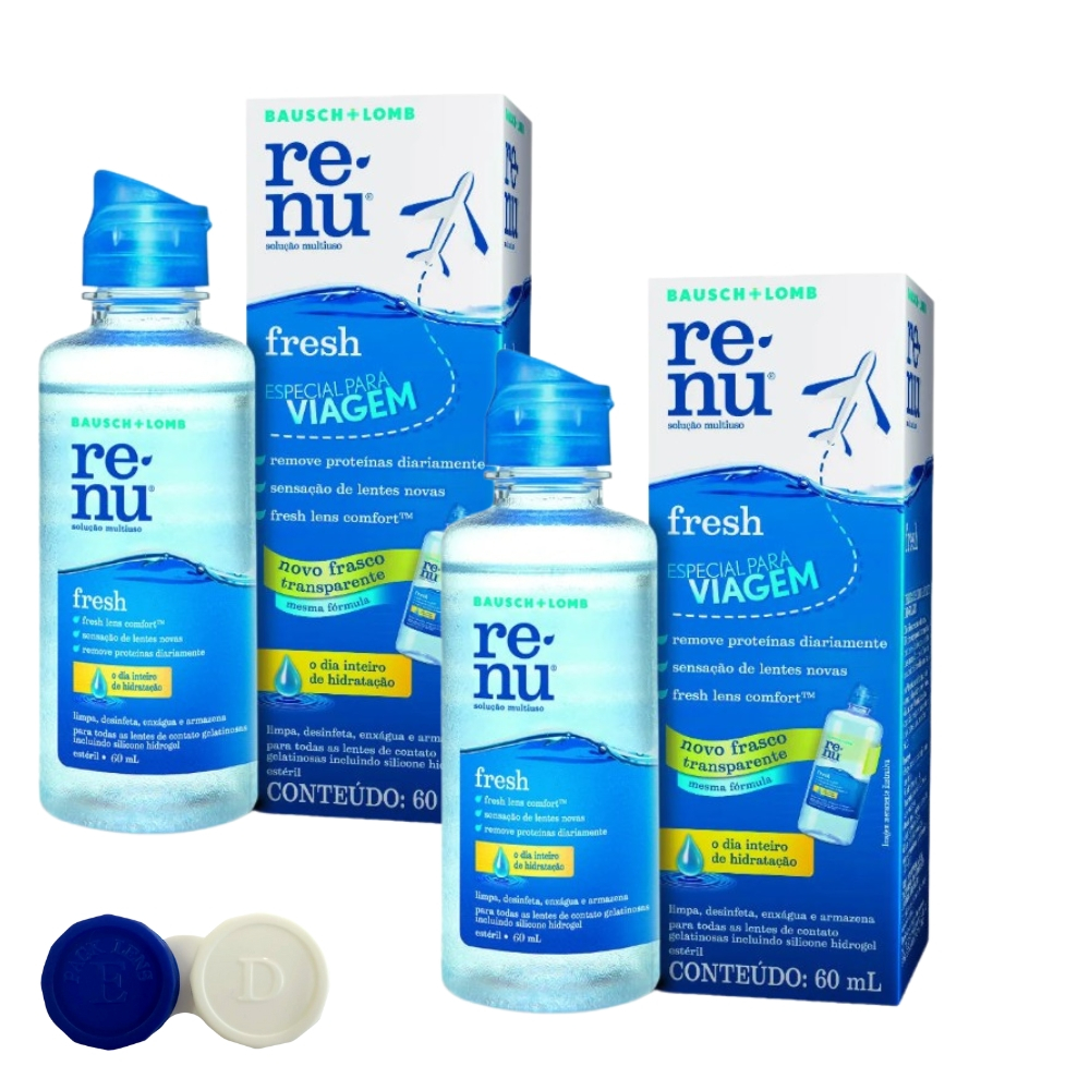 2 Renu Fresh 60ml Viagem Solução Limpeza Lentes De Contato + ESTOJO