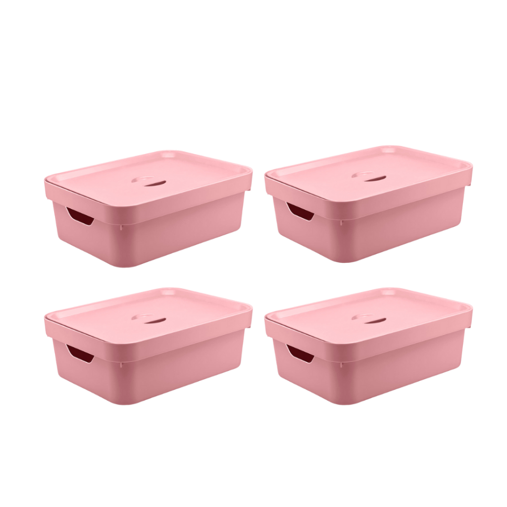 Kit de caixa organizadora com tampa Ou 4 peças 10,5L Linha Cube - Rosa Duna em Oferta na Shopee