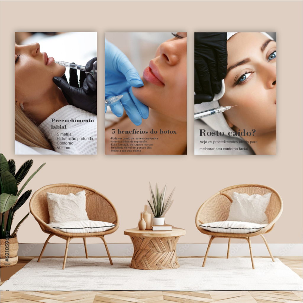 Quadro decorativo 3 peças harmonização facial botox preenchimento labial clínica de estética