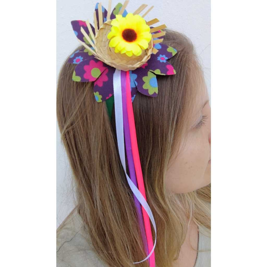 Tiara Festa Junina Feminina Infantil e Adulto com Mini Chapéu de Palha e Fitas Coloridas