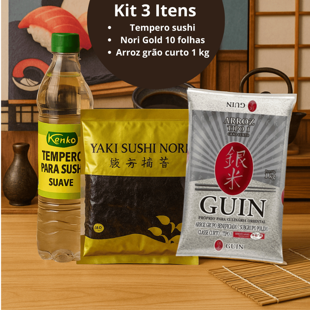 Kit Arroz Grão Curto Sushi + Alga Nori 10 Folhas + tempero Sushi 750 ml Kit Arroz Grão Curto Sushi + Alga Nori 10 Folhas + tempero Sushi 750 ml