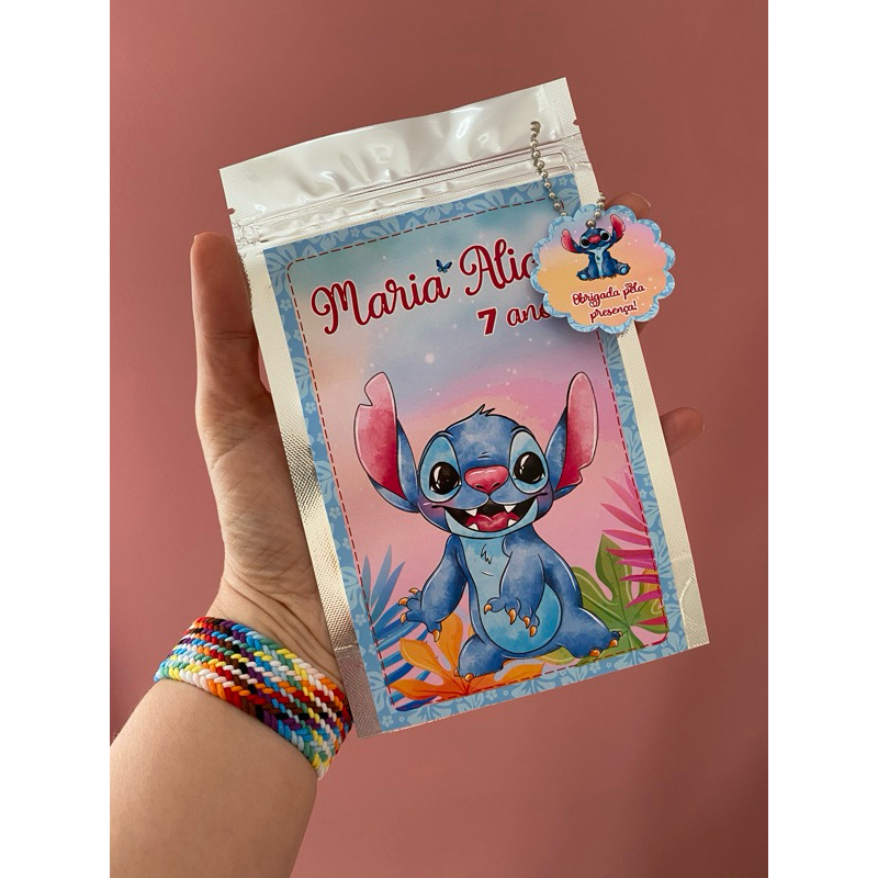 Saco Zip Personalizado Stitch 19X12 | Saquinho Metalizado Stitch Personalizado | Lembrancinhas | Aniversário | KIT Festa