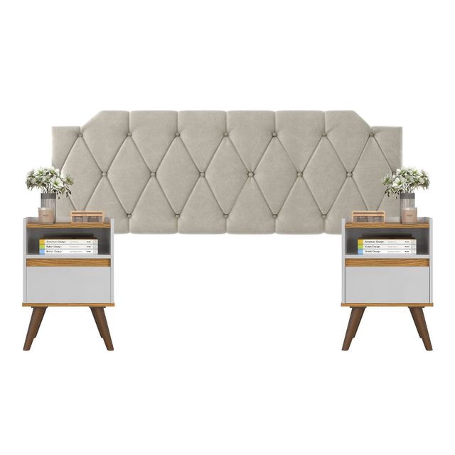 Conjunto Mesa De Cab Com Gaveta + Cabeceira Estofada Box Para Cama Queen KELLY E KIT TED BRA/FREIJÓ