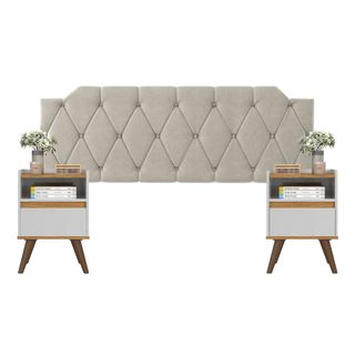 Conjunto Mesa De Cab Com Gaveta + Cabeceira Estofada Box Para Cama Queen KELLY E KIT TED BRA/FREIJÓ