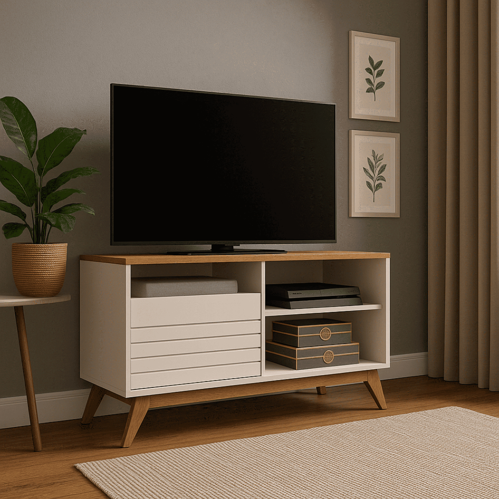 Rack Fênix Off-White/Freijó Retro 1 Porta Sala  Pés de Madeira para Televisão 43" Polegada...