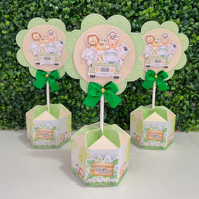 Kit de Centro de mesa Safari Personalizado | Arranjo Cachepô Enfeite | Lembrancinha Decoração Festa