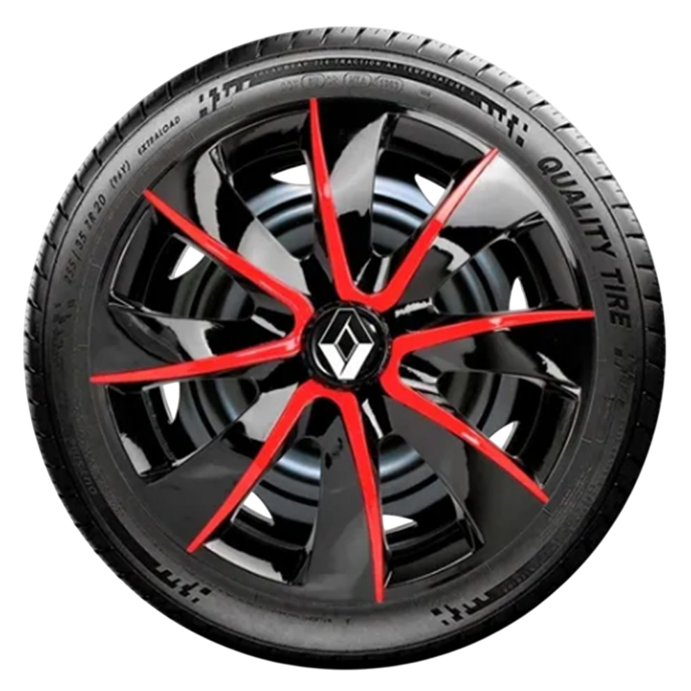 Jogo 04 Calota Esportiva Preto / Vermelho Aro 13/14 Renault Clio Sandero Logan Symbol Megane