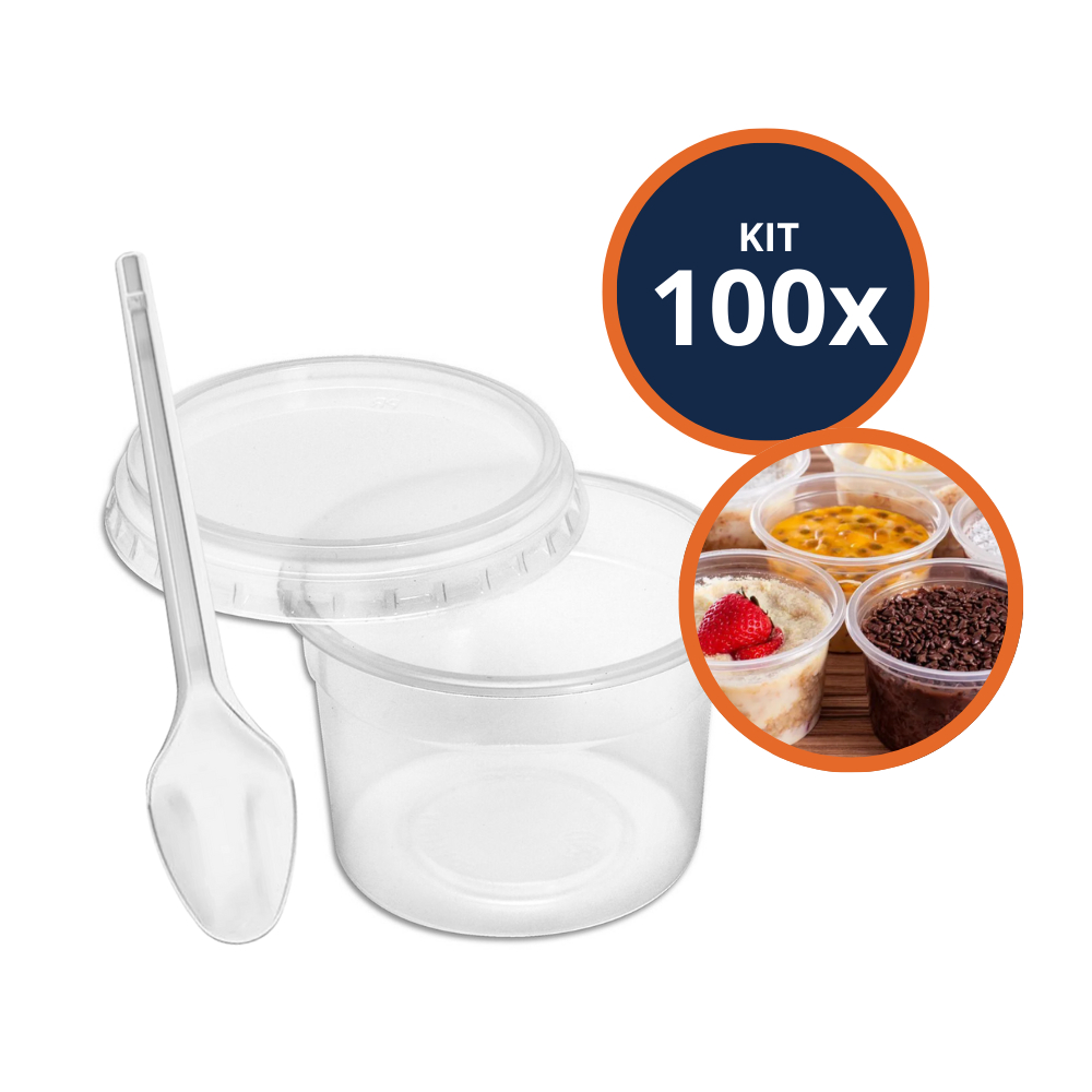 Kit 100 Potes Redondos 250ml Com Tampa E 100 Colheres de Sobremesa Transparente e Descartável Oferta em Oferta na Shopee