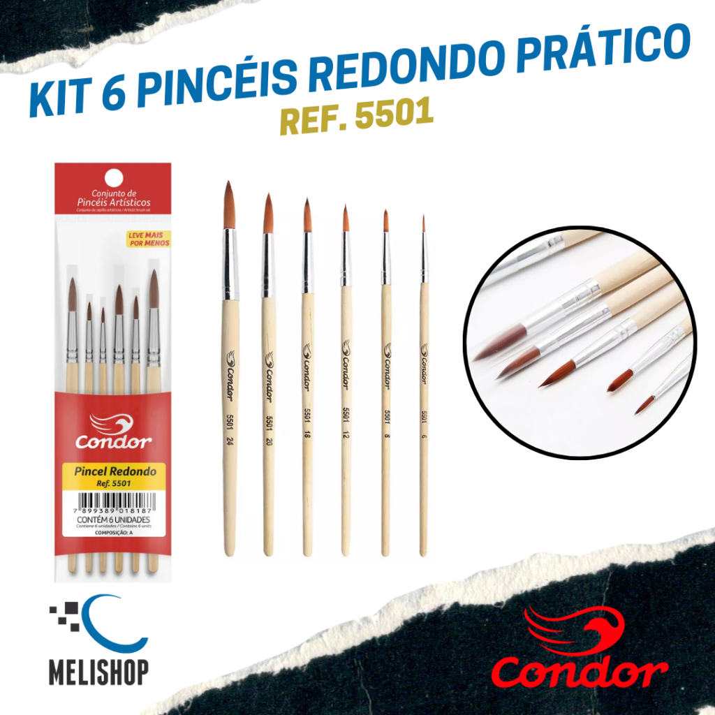 Kit Pincel Redondo Prático REF 5501 Condor 6 Pincéis