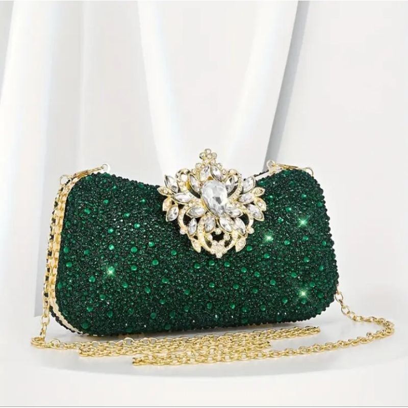 Bolsa festa luxo verde esmeralda com corrente dourada-elegante para casamentos formatura e eventos