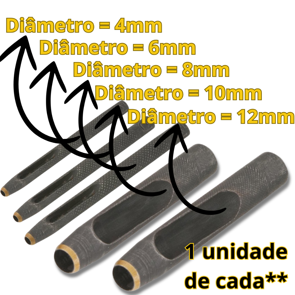 Kit 5 Furador 4,6,8,10,12mm Couro Vazador Perfurador Aço Vonder