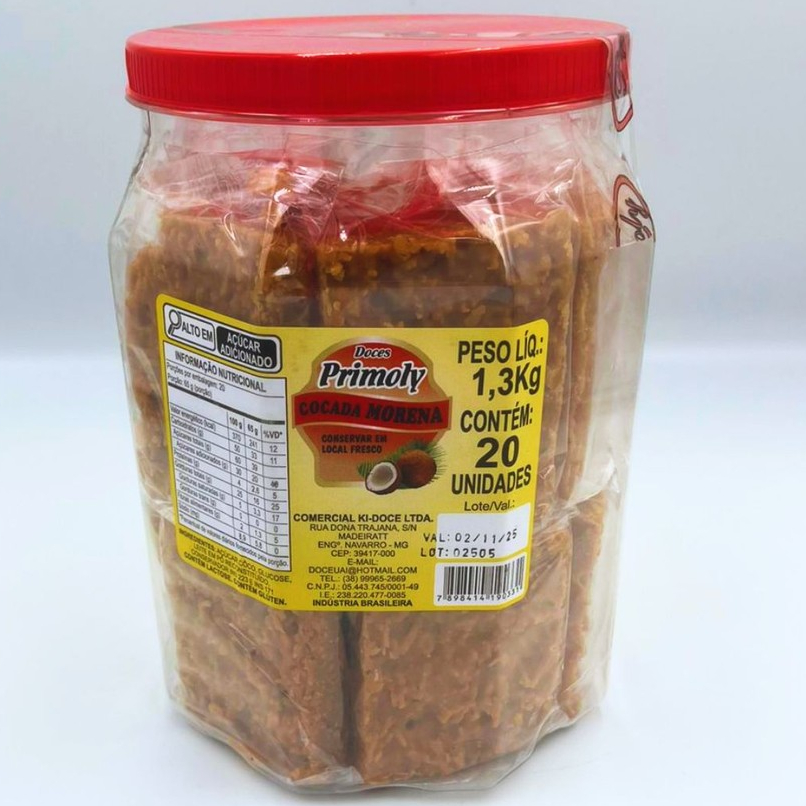 Pote de Cocada Primoly Cocada Morena Quadrada  1,3 kg C/20un