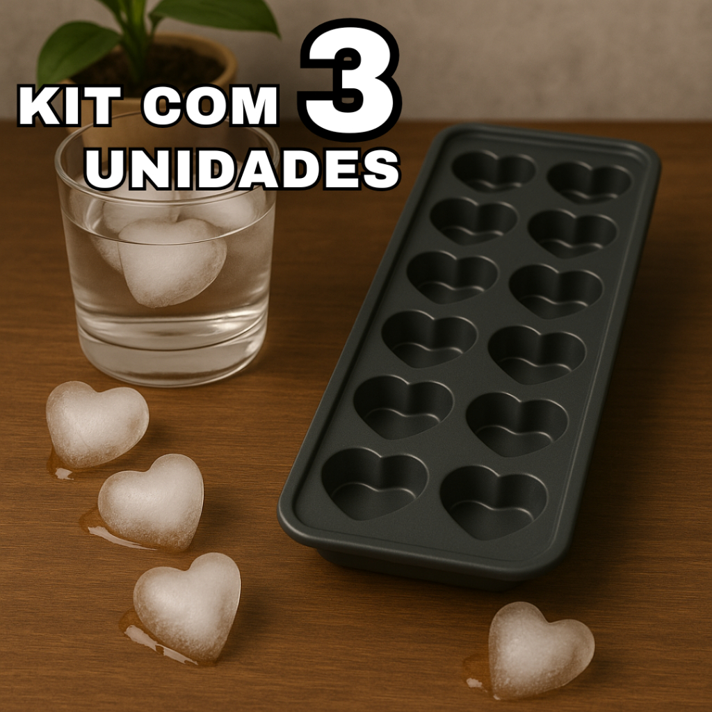 Forma de Gelo Coração em Silicone Preta 12 Cavidades – Gelo Decorativo para Bebidas