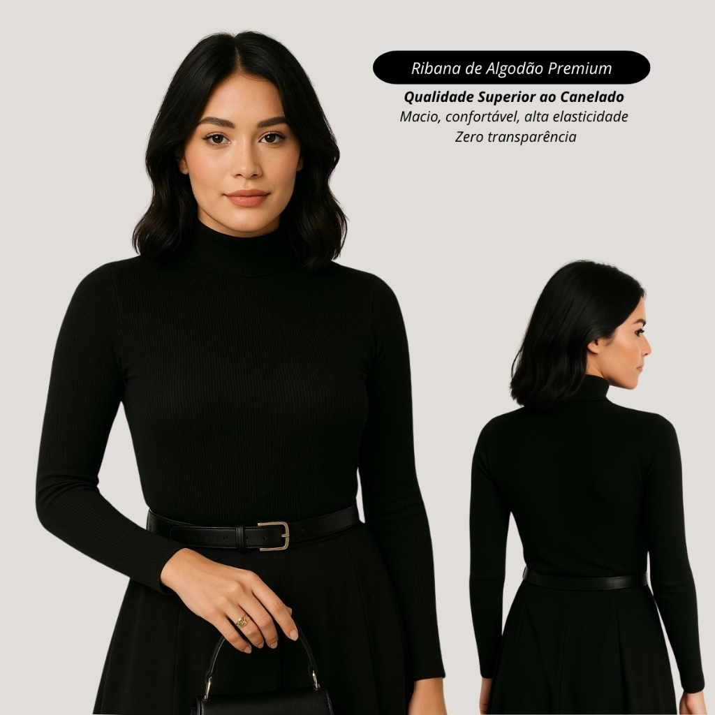 blusa cacharrel feminina gola alta casual basico ribana canelado algodão outono inverno