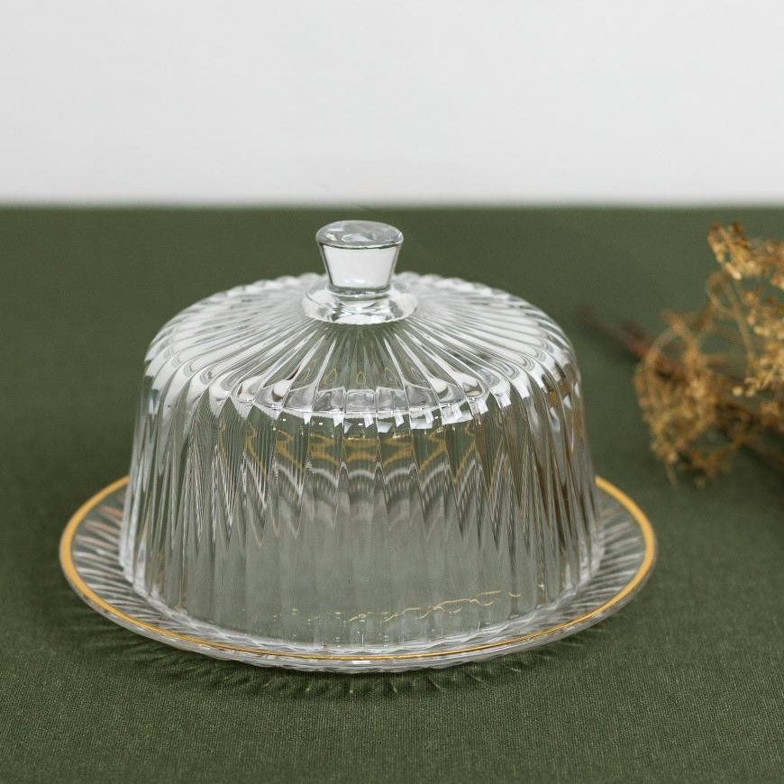 Queijeira com Tampa e Fio de Ouro Cristal Radial 20 cm - Lyor Primium