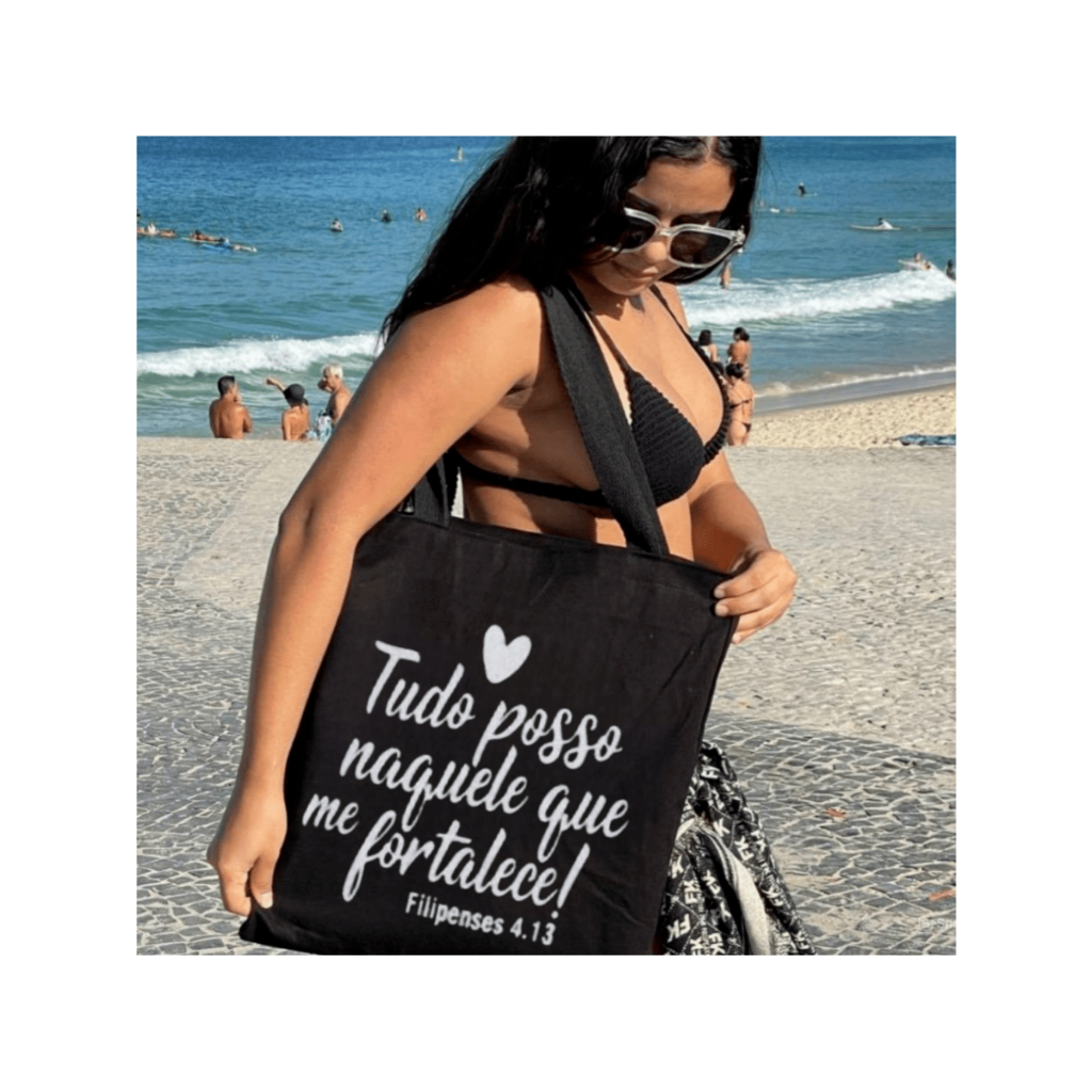 Ecobag BLACK 100% Algodão Estampa "TUDO POSSO" Grande Reutilizável Estilosa