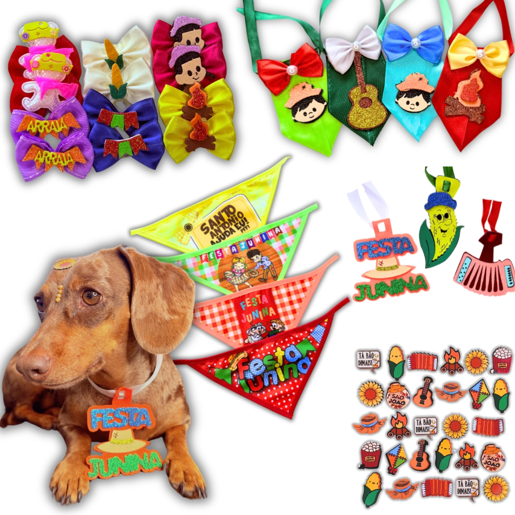 Kit 100 Laços Pet Festa Junina Gravata Bandana Gargantilha Aplique Adesivo