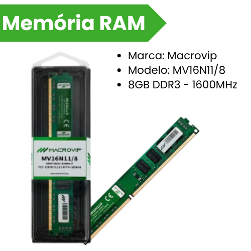 Memória RAM p/ PC Macrovip MV16N11/8 8GB DDR3 1600MHz