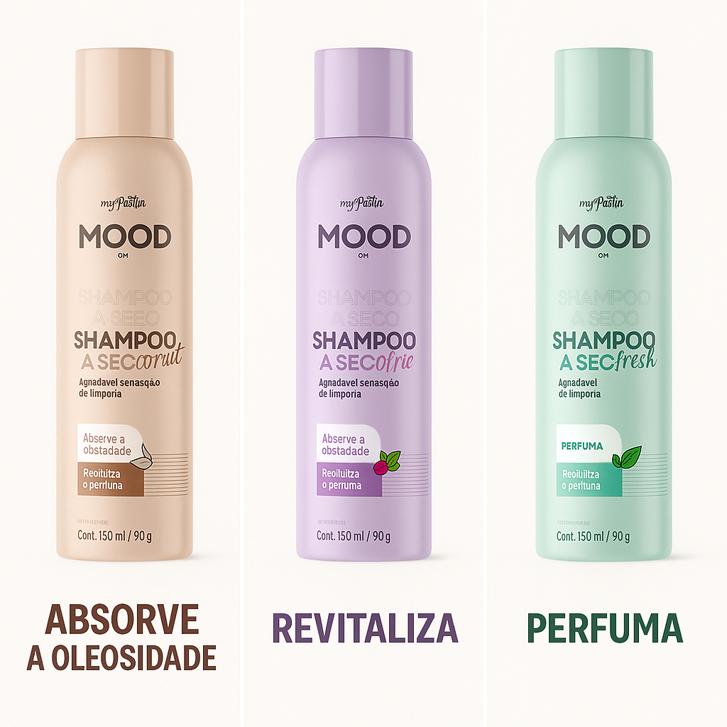 Shampoo a Seco Mood 150ml Coconut, Berries ou Fresh – Antioleosidade, Perfume e Limpeza