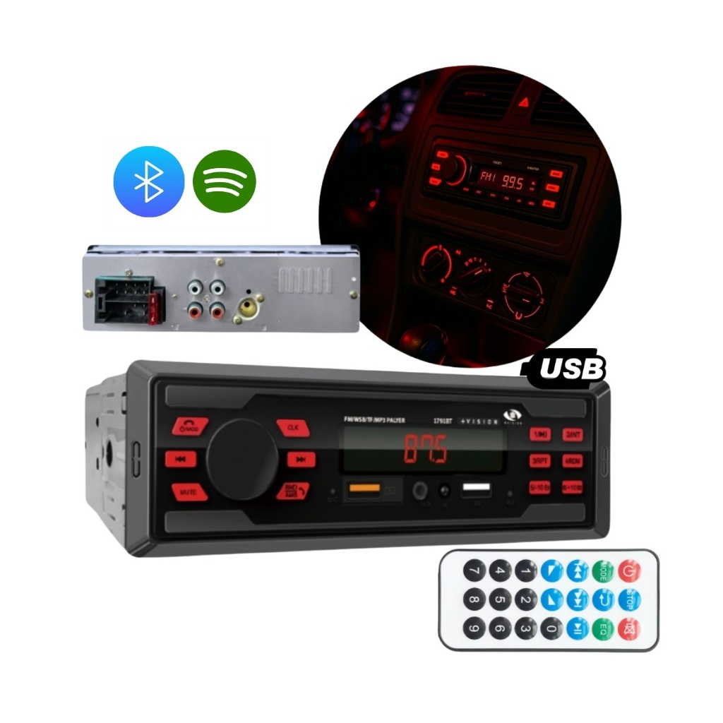 Rádio Mp3 Som Automotivo Bluetooth 2 portas Usb Fm Controle Remoto