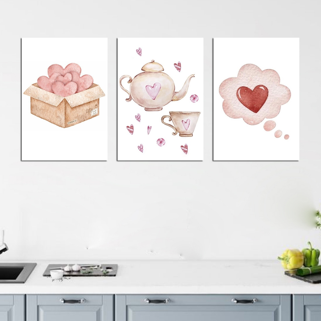conjunto de quadros barato - decoração caixa do amor coração bule cantinho do café tons rose 3 placas MDF 20x30cm
