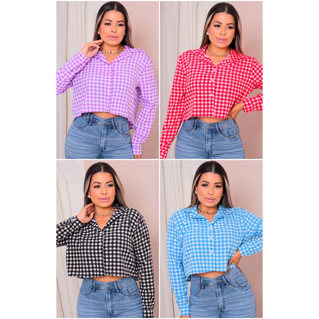 Camisa Cropped Xadrez Feminino Manga Longa em Crepinho com Botões Frontais - Elegante