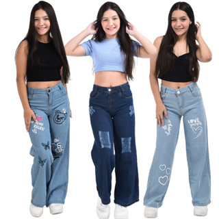 Kit 3 Calças Jeans Wide Leg Estampada Moda Infantil e Juvenil em Oferta na Shopee