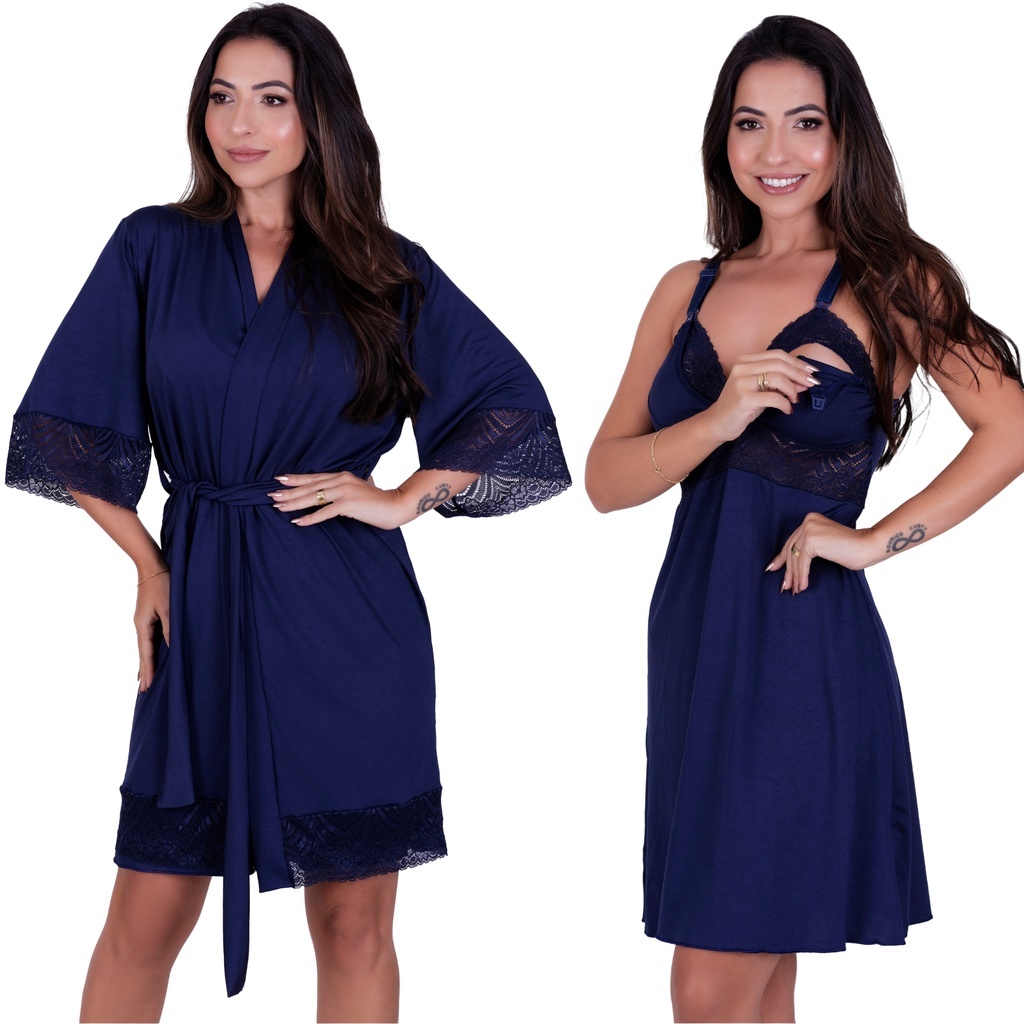 Kit Robe + Camisola Amamentação Abre fácil pós parto Saída Maternidade