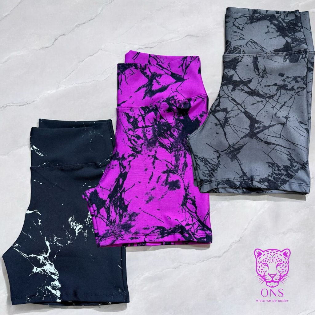 Kit 3 Shorts Meia Coxa Curto Roupa Fitness Feminino Academia Marmorizado Tie Dye Corrida Estampado