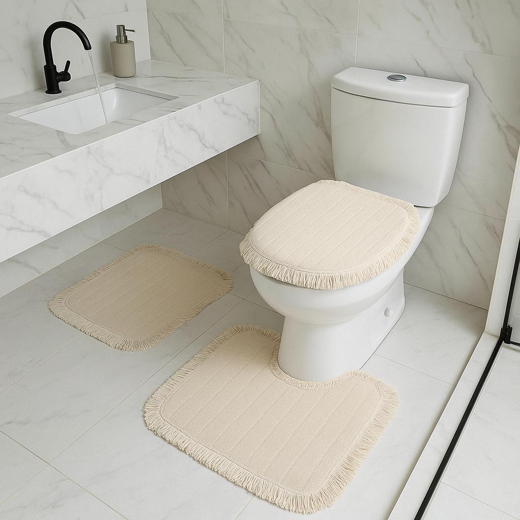Kit Tapete Banheiro com 3 peças algodão Decoração listras boho com franja