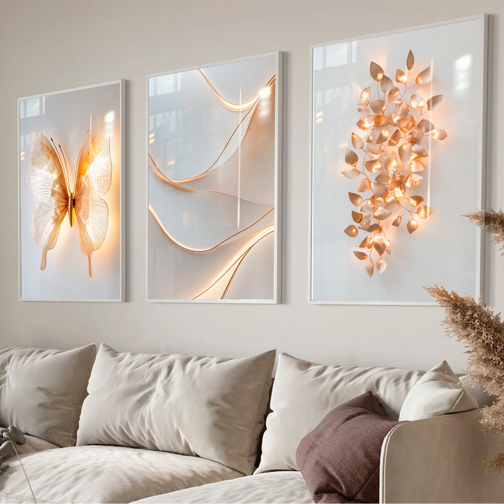Quadros Decorativos Trio Borboleta Dubai Folhas Dourada Moderno Branco para Sala Quarto