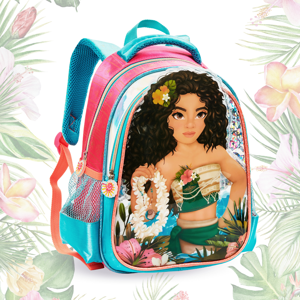 Mochila Infantil Menina Escolar Princesa Estilo Moana Holográfica com Personagem 3D de Costas Reforçada Grande e Pequena